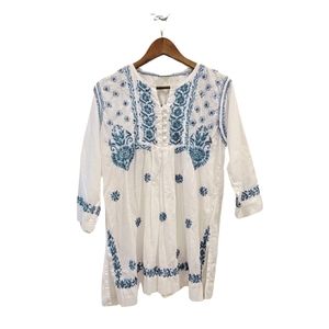 Dream India Hand Embroidered White and Blue Kurti Tunic | Size Large